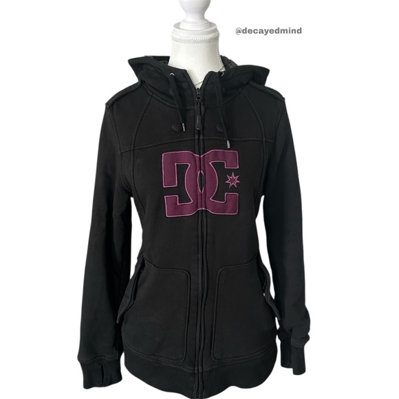 DC Jackets & Blazers - Y2K “DC” Black Embroidered Graphic Sherpa Lined Zip-up Hoodie Jacket